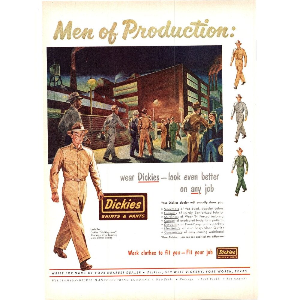 1952 Dickies Workwear Clothing Vintage Print Ad Factory Worker Uniform Wall Art